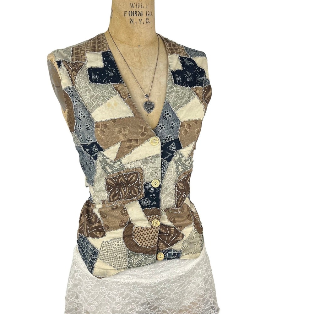 Vintage Effeci Patchwork Vest Beaded Button Front… - image 2